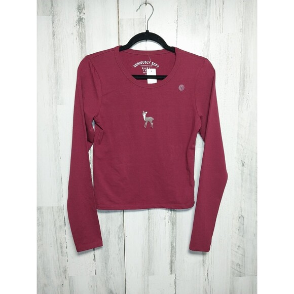 Aeropostale Seriously Soft Long Sleeve Baby Tee Burgundy Deer Medium - Picture 1 of 5